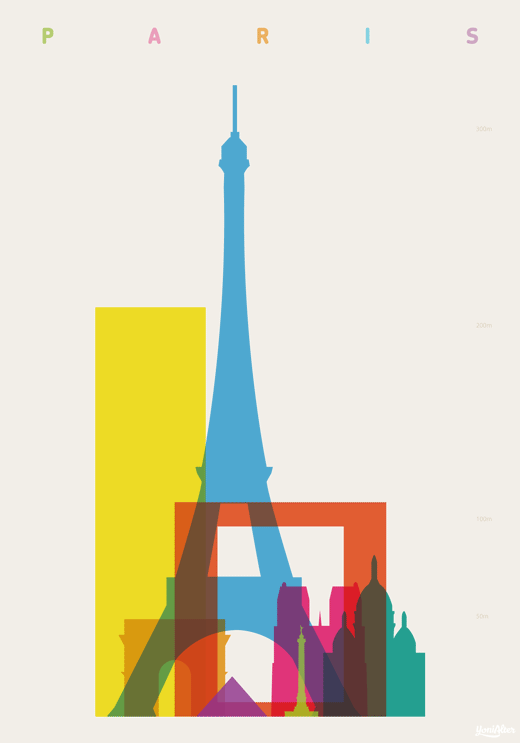 Paris: Tour Montparnasse, Eiffel Tower, Arc de Triomphe, Grande Arche, Louvre Pyramid, July Column, Notre Dame de Paris, Basilica of the Sacré Cœur.