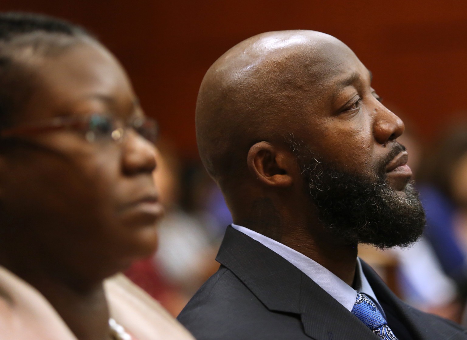The parents of Trayvon Martin, Tracy Martin, right, and Sybrina Fulton, listen to the testimony of Sanford police officer Chris Serino during the George Zimmerman trial in Seminole Circuit Court, in Sanford, Fla., Monday, July  8, 2013. Zimmerman is charged with second-degree murder in the fatal shooting of Trayvon Martin, an unarmed teen, in 2012. (AP Photo/Orlando Sentinel, Joe Burbank, Pool)
