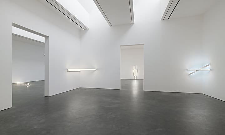 Dan Flavin in daylight or cool white, at David Zwirner, NY 2018