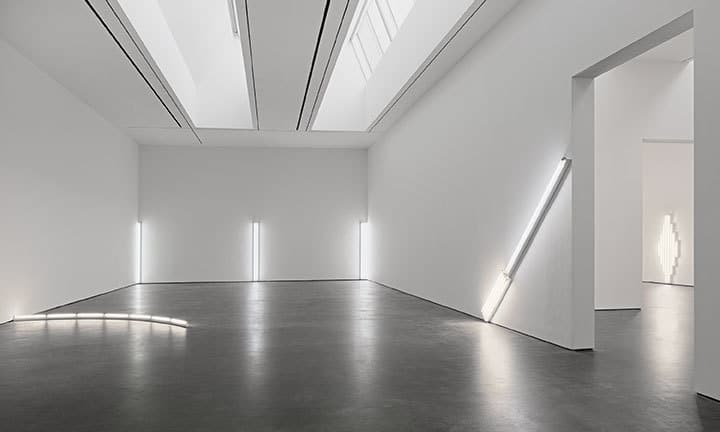 Dan Flavin in daylight or cool white, at David Zwirner, NY 2018